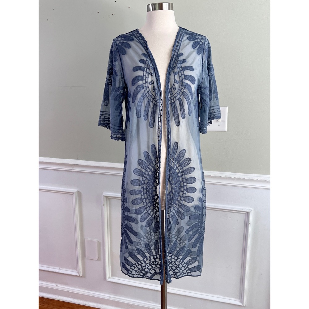 Rebellion Lace Sheer Kimono Cardigan OS Women Hippie Mesh Blue Layering Ethereal - Picture 3 of 12